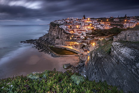 luci, costa, sera, Portogallo, Azenhas do Mar, Sintra, Sfondo HD HD wallpaper