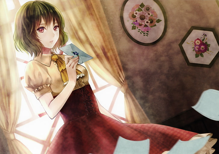 animated girl character holding envelope illustration, fukahire sanba, touhou, kazami yuuka, girl, envelope, HD wallpaper