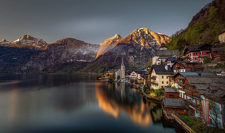 pegunungan, danau, bangunan, rumah, Austria, Pegunungan Alpen, Hallstatt, Danau Hallstatt, Wallpaper HD