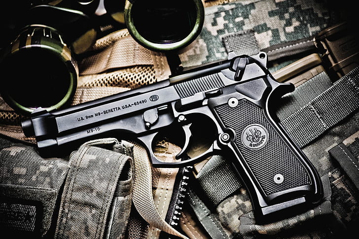M9, caliber, Gun, pistol, camouflage, aeYaeYBeretta, binoculars, aeYaeYsemi automatic, 9 mm, Beretta, HD wallpaper