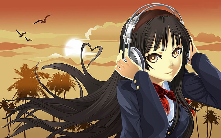 mio akiyama k on-postaci z kreskówek Tapety HD, postać kobieca nosząca słuchawki cyfrowe tapety, Tapety HD