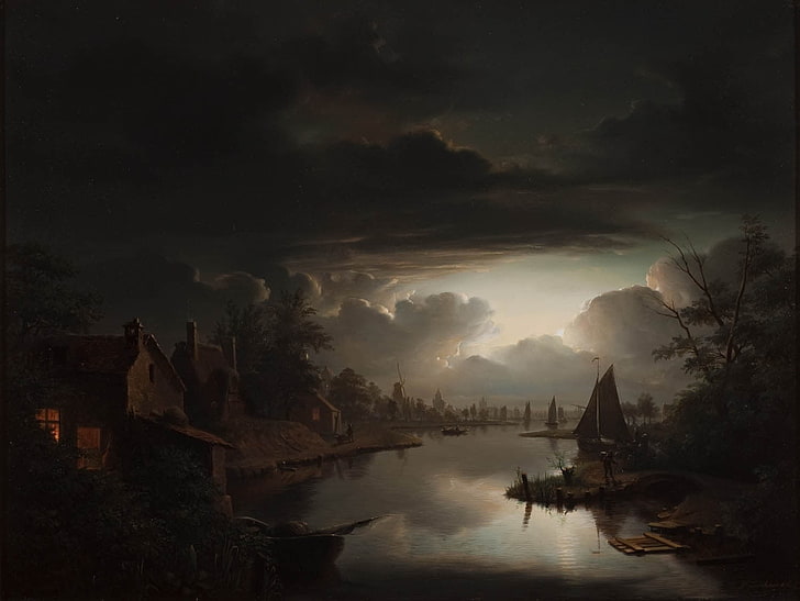 desa dekat badan lukisan air, lukisan, seni klasik, sungai, perahu layar, awan, pondok, Wallpaper HD