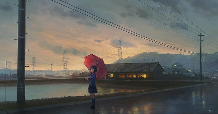 anime girl, school uniform, landscape, clouds, scenic, building, Anime, HD wallpaper