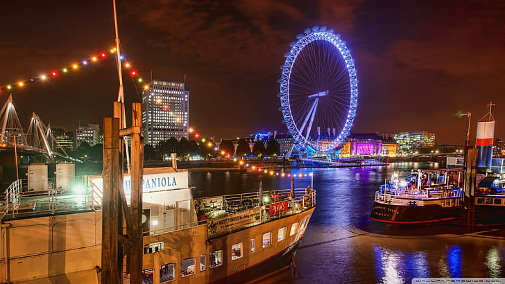 London At Night, lampu, sungai, kincir ria, kapal, kota, alam, dan lanskap, Wallpaper HD