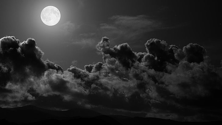 иллюстрация полной луны, луна, темнота, небо, облака, HD обои
