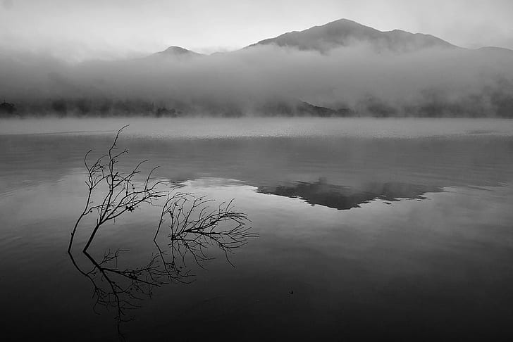 grayscale photo of mountain covered in fog, IMG, grayscale, photo, mountain, fog, 台灣, Taiwan, 南投, Nantou, Sun Moon Lake, gear, me  my, premium, bronze, silver, gold, platinum, diamond, nature, lake, reflection, landscape, water, scenics, outdoors, forest, HD wallpaper