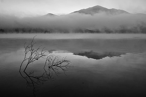 grayscale photo of mountain covered in fog, IMG, grayscale, photo, mountain, fog, 台灣, Taiwan, 南投, Nantou, Sun Moon Lake, gear, me  my, premium, bronze, silver, gold, platinum, diamond, nature, lake, reflection, landscape, water, scenics, outdoors, forest, HD wallpaper HD wallpaper
