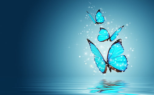 Хубава картина HD тапет, тапети три сини пеперуди, Aero, Creative, Blue, Butterflies, Butterfly, Water, HD тапет HD wallpaper