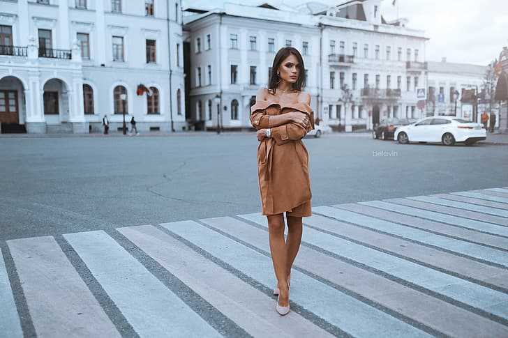 girl, the city, pose, cloak, crosswalk, Belavin, Alexander Belavin, HD wallpaper