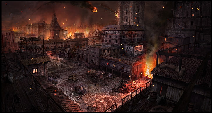 videogame screenshot, artwork, video games, Hunted: The Demon's Forge, city, concept art, HD wallpaper
