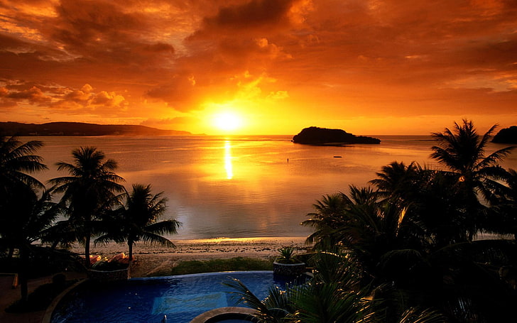 фото золотого часа, закат, пляж, море, солнечный свет, небо, HD обои