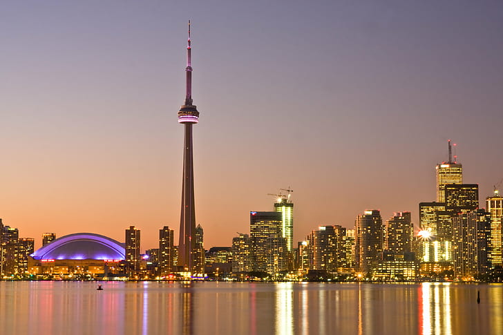 panoramic reflection photography of CN Tower, Toronto, Canada, toronto, Dusk, panoramic, reflection, photography, CN Tower, Canada, IMG, Toronto  Ontario, long exposure, city  lights, glow, colours, colors, Centre Island, Algonquin Island, reflections, urban Skyline, cityscape, night, famous Place, urban Scene, architecture, skyscraper, city, tower, downtown District, built Structure, sky, building Exterior, river, HD wallpaper