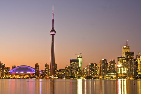 panoramic reflection photography of CN Tower, Toronto, Canada, toronto, Dusk, panoramic, reflection, photography, CN Tower, Canada, IMG, Toronto  Ontario, long exposure, city  lights, glow, colours, colors, Centre Island, Algonquin Island, reflections, urban Skyline, cityscape, night, famous Place, urban Scene, architecture, skyscraper, city, tower, downtown District, built Structure, sky, building Exterior, river, HD wallpaper HD wallpaper