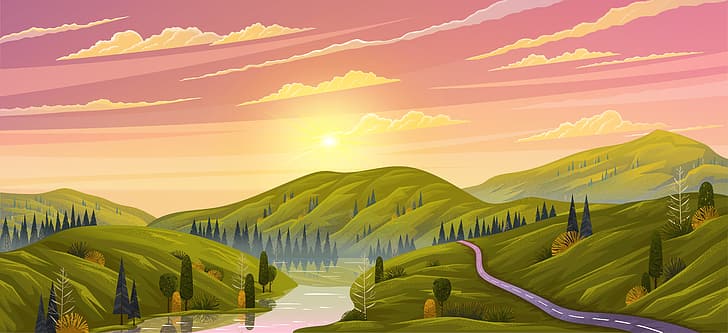 landscape, hills, sunset, green, trees, vector, river, plains, nature, sky, clouds, road, Sun, forest, HD wallpaper