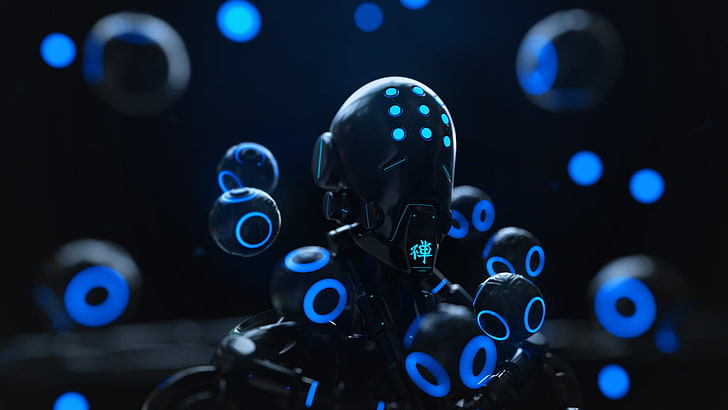 ilustrasi robot hitam dan biru, Rakan Khamash, Zenyatta (Overwatch), ornamen, mesin, neon, Overwatch, Wallpaper HD