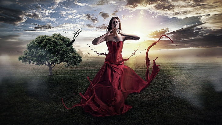 дамска червена рокля на деколтето, червена рокля, фантастично момиче, жени, модел, слънчева светлина, дигитално изкуство, HD тапет