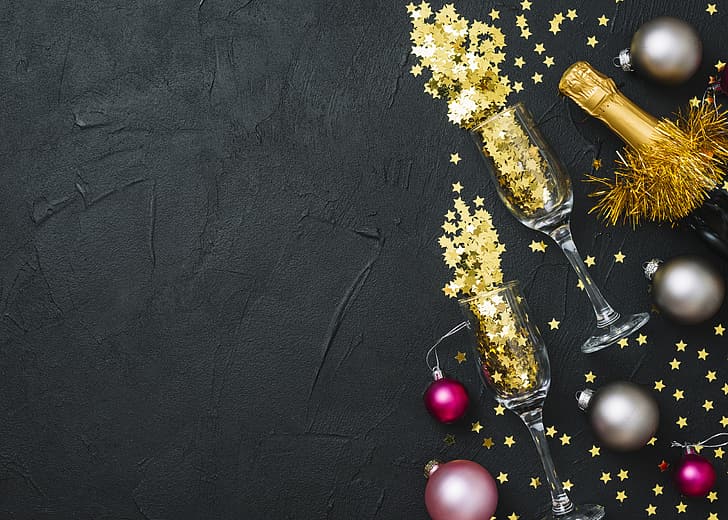 decoration, balls, colorful, New Year, glasses, Christmas, tinsel, champagne, xmas, Merry, HD wallpaper