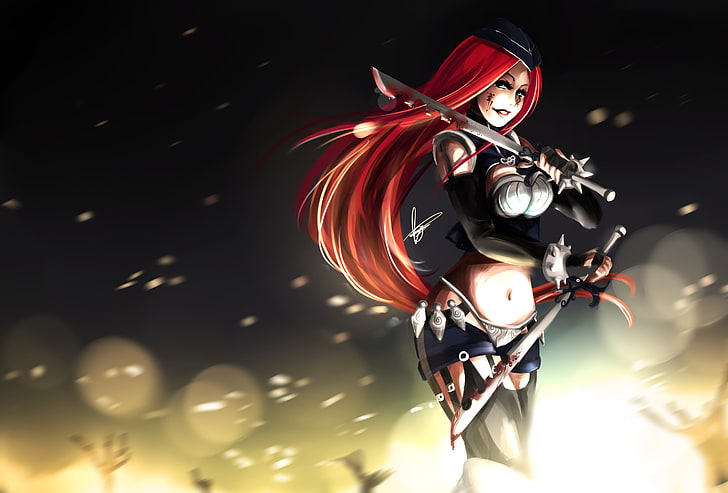 anime character holding swords clip art, girl, weapons, blood, art, sparks, league of legends, katarina, HD wallpaper