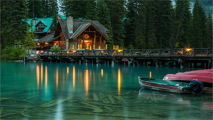 Национален парк Изумрудено езеро Йок Британска Колумбия Канада Док светлини Лодки Пейзажна фотография Hd тапети за компютър таблет 1920 × 1080, HD тапет