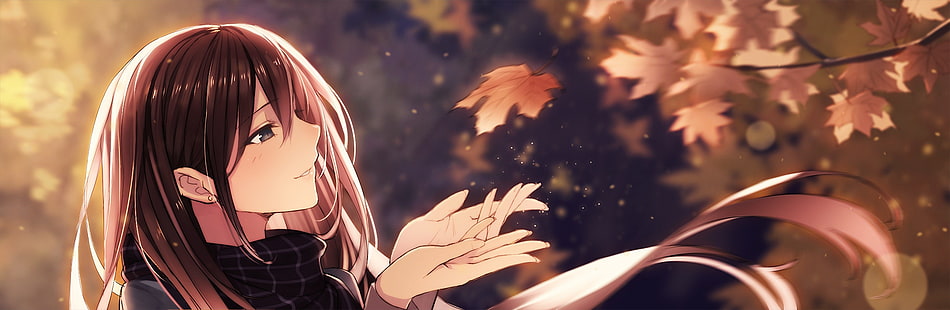 женщина аниме персонаж, шатенка девушка аниме персонаж иллюстрация, аниме девушки, листья, оригинальные персонажи, длинные волосы, осень, HD обои HD wallpaper