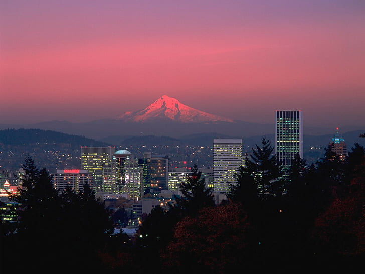 Portland, Mount Hood, Oregon, city, mountains, cityscape, dusk, HD wallpaper