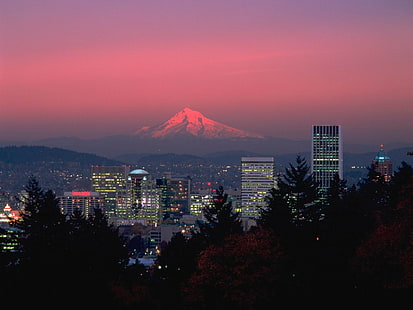 Portland, Mount Hood, Oregon, şehir, dağlar, cityscape, alacakaranlık, HD masaüstü duvar kağıdı HD wallpaper