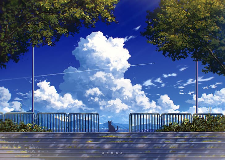 anime, clouds, cats, summer, landscape, HD wallpaper