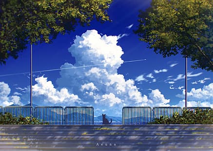 anime, chmury, koty, lato, krajobraz, Tapety HD HD wallpaper