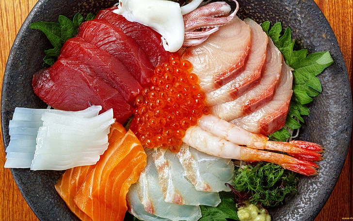 sashimi, seafood, food, meat, vegetables, caviar, HD wallpaper