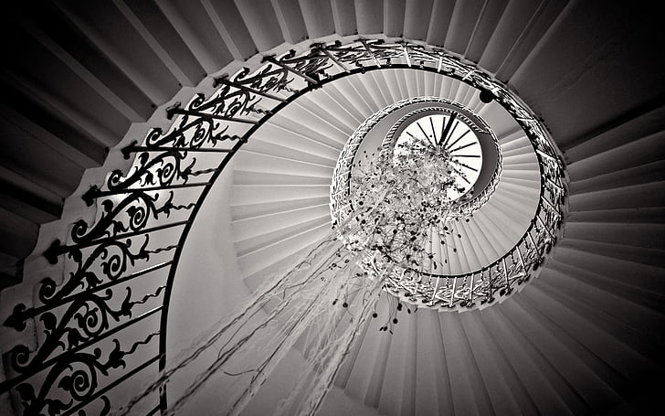 b w, spiral, staircase, stairs, HD wallpaper
