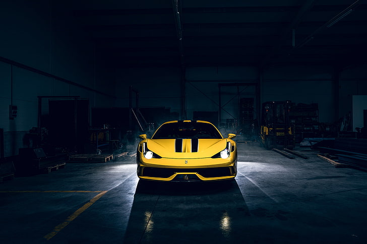 Dark, Light, Ferrari, 458, Front, Yellow, Supercar, Speciale, Garage, HD wallpaper