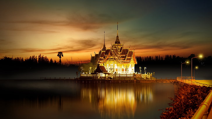 bangkok, thailand, landmark, temple pavilion, evening, sunset, tourist attraction, temple, pavilion, night, dusk, calm, HD wallpaper