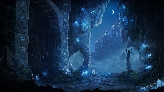 Dunkelheit, altes Schloss, Ruinen, Fantasiekunst, Nacht, Mond, Blau, Grafik, Höhle, HD-Hintergrundbild HD wallpaper