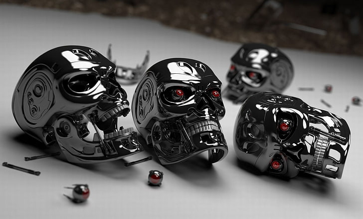 quatre décors de crâne gris, Terminator, crâne, yeux rouges, films, endosquelette, cyborg, art numérique, Fond d'écran HD