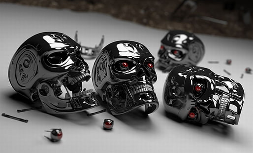 vier graue Schädeldekore, Terminator, Schädel, rote Augen, Filme, Endoskelett, Cyborg, digitale Kunst, HD-Hintergrundbild HD wallpaper