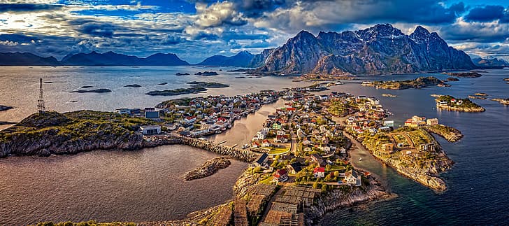 Islands, mountains, home, village, Norway, panorama, the fjord, Lofoten, Henningsvær, HD wallpaper