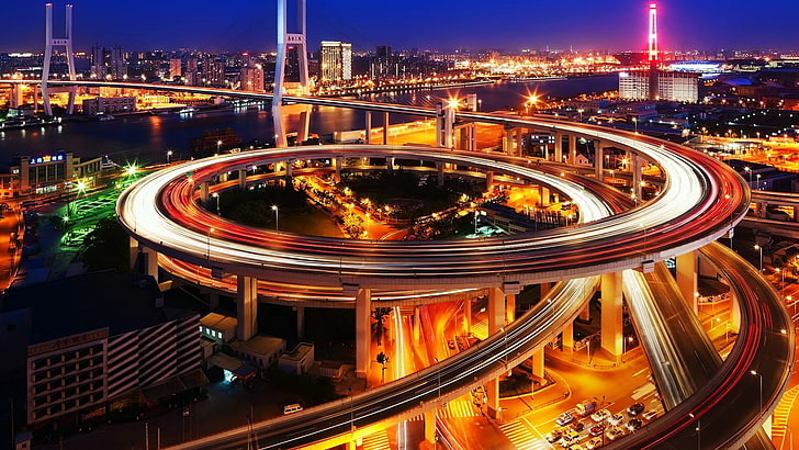 foto timelapsed de skyway, Shanghai, puente Nanpu, ciudad, noche, luces de la ciudad, tráfico, larga exposición, Fondo de pantalla HD