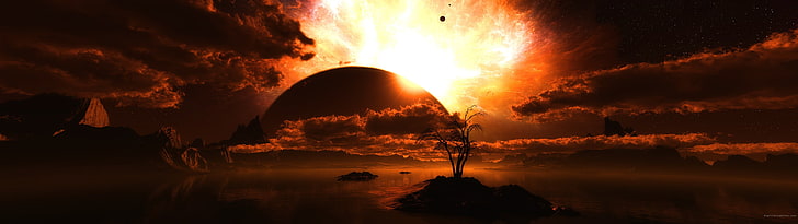 albero su isola silhouette sfondo digitale, pianeta, Sfondo HD