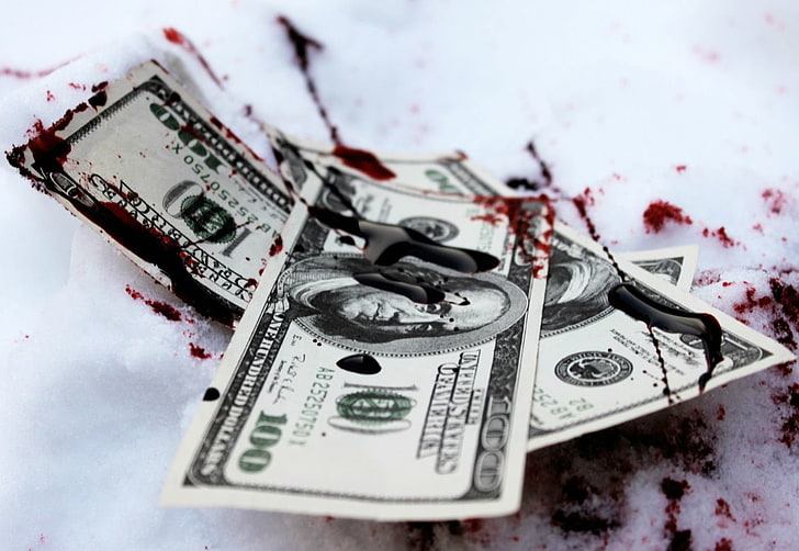 tres billetes de 100 dólares, oscuro, sangre, dinero, Fondo de pantalla HD