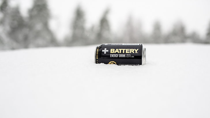 black and gray battery pack, battery, can, snow, energy drinks, HD wallpaper