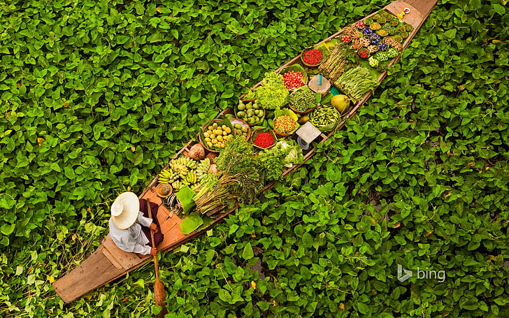 variety of vegetables, leaves, water, boat, Thailand, fruit, Bangkok, vegetables, floating market, HD wallpaper