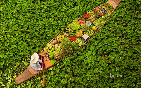 разнообразие овощей, листья, вода, лодка, таиланд, фрукты, бангкок, овощи, плавучий рынок, HD обои HD wallpaper