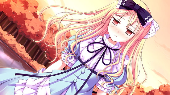 Ilustración de personaje de anime femenino de pelo amarillo, shukufuku no campanella, avril, niña, bosque rubio, otoño, vestido, Fondo de pantalla HD HD wallpaper