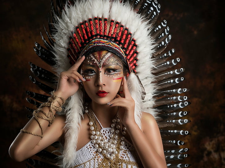 Women, Native American, Asian, Feather, Girl, Lipstick, Makeup, Model, Woman, HD wallpaper