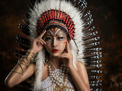 Women, Native American, Asian, Feather, Girl, Lipstick, Makeup, Model, Woman, HD wallpaper HD wallpaper