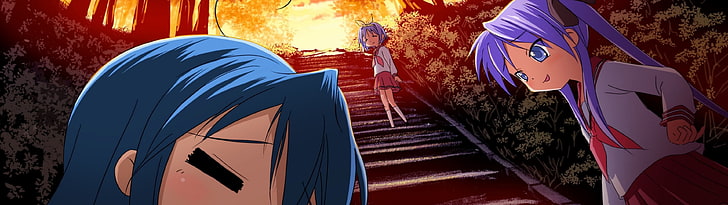 Wallpaper mit drei weiblichen Anime-Charakteren, zwei Monitore, Lucky Star, HD-Hintergrundbild