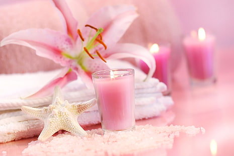 белая морская звезда и розовая вотивная свеча, цветок, розовый, пребывание, отдых, свеча, красота, полотенце, салон красоты, релаксация, спа, HD обои HD wallpaper