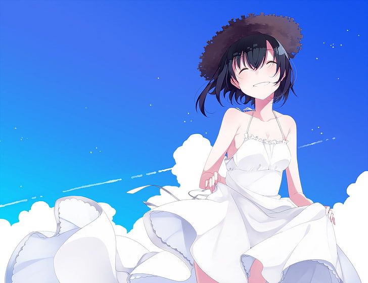 anime, anime girls, smiling, happy, sky, clouds, white dress, black hair, hat, HD wallpaper