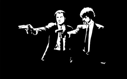 Schwarz-Weiß-Pulp Fiction Samuel L. Jackson John Travolta Schwarzer Hintergrund 4000x2500 Art Monochrome HD-Kunst, Schwarz-Weiß, Pulp Fiction, HD-Hintergrundbild HD wallpaper