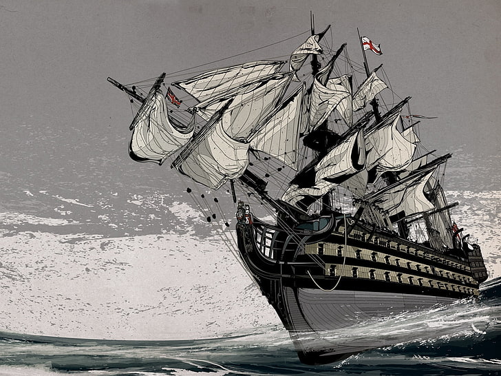 black and white sailing ship painting, ship, sea, sail, english ship, HD wallpaper